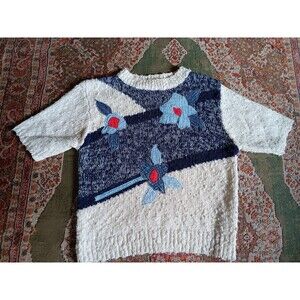 Vintage 80s Alfred Dunner Short Sleeve Sweater Top Applique Patches Size L